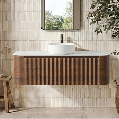 48" Floating Bathroom Vanity with White Vessel Sink, Walnut | Pre-Assembled Fluted Wall Mounted Vanity with Ceramic Sink and Countertop, Rounded Edges, Soft-Close Drawer & Towel Rack