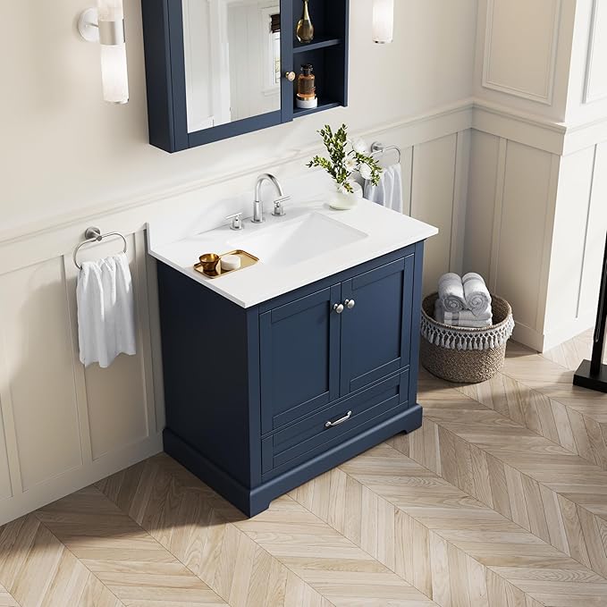 WELLFOR 36" Bathroom Vanity with Sink, Bathroom Freestanding Vanity W/ 2 Soft-Close Doors and 1 Soft-Close Drawers, Bathroom Cabinet Vanity with Cultured Marble Countertop (Navy Blue)