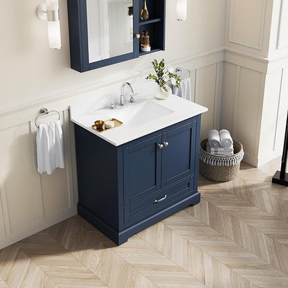 WELLFOR 36" Bathroom Vanity with Sink, Bathroom Freestanding Vanity W/ 2 Soft-Close Doors and 1 Soft-Close Drawers, Bathroom Cabinet Vanity with Cultured Marble Countertop (Navy Blue)