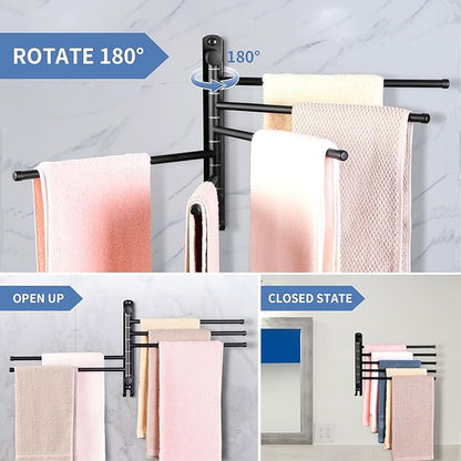Swivel Towel Rack, 12.6 Inch Towel Bar with Wall Mounted 180° Rotation, 5 Arms Towel Hanger SUS 304 Stainless Steel, Space Saving for Kitchen, Bathroom, Outdoor, Matte Black