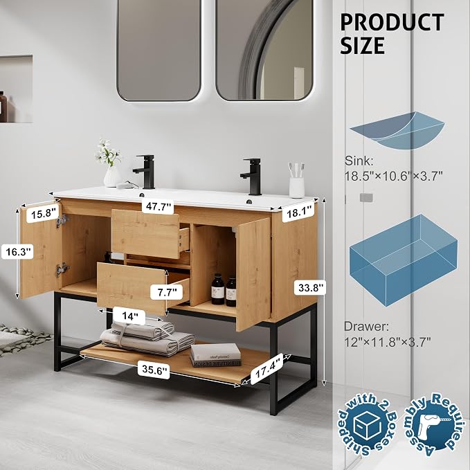 LUCKWIND 48" Modern Bathroom Vanity with Dual White Sink Combo, Freestanding Storage Cabinet with Metal Frame, Matte Black Faucet and Open Shelf and 2 Soft-Closing Door, Natural