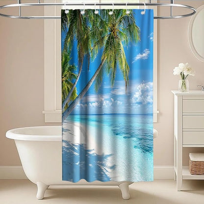 Beach Modern Ocean Shower Curtain Coastal Summer Tropical Palm Tree Trendy | Nature Shower Curtains for Bathroom, Waterproof Bath Curtain with Hooks Machine Washable Bathtub Curtains 36x72 Inch Blue