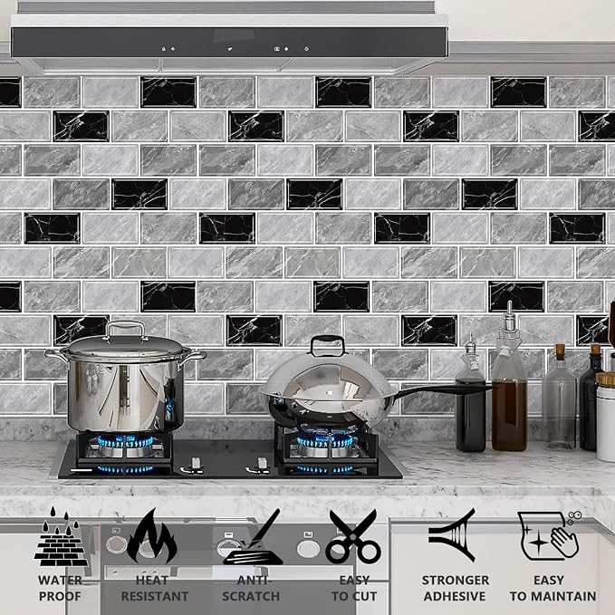 URCOLOR 10-Sheet Peel and Stick Backsplash Tile Sticker for Kitchen,12"x12" Self Adhesive Subway Wall Tiles Stick on Back Splashes for Bathroom Gray Black Marble Design