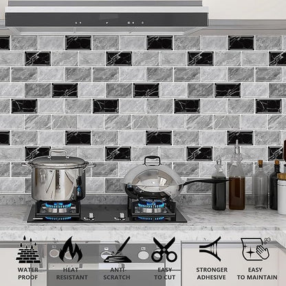 URCOLOR 10-Sheet Peel and Stick Backsplash Tile Sticker for Kitchen,12"x12" Self Adhesive Subway Wall Tiles Stick on Back Splashes for Bathroom Gray Black Marble Design