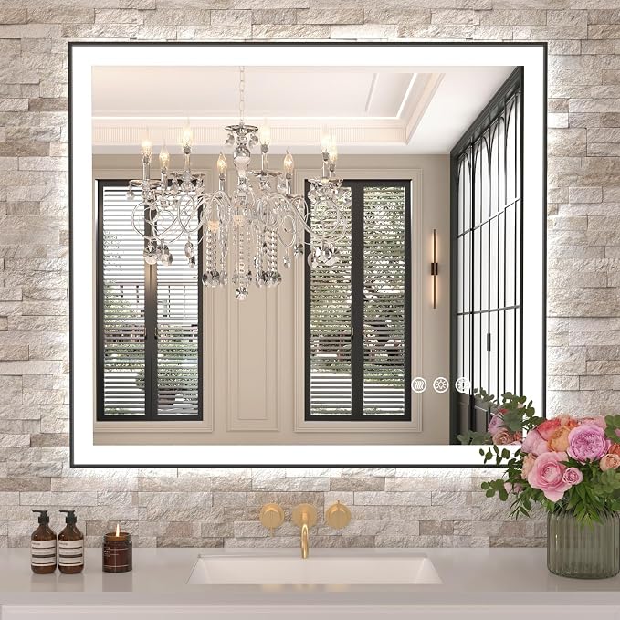 36"x32" LED Bathroom Mirror, Frontlit&Backlit, Controlled Separately | Black Metal Frame, Stepless Dimmable, Anti-Fog, HD Reflection, Shatter-Proof, 3 Colors Lighting, Memory, UL Listed