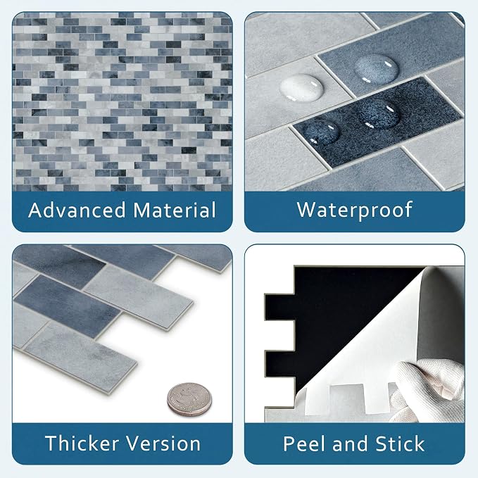 10-Sheet Subway Peel and Stick Backsplash Tile, 11.3" x 10.8" Blue Stone Composite Cement Looks Self Adhesive Waterproof Wall Tile, Stick on Tiles for Kitchen Bathroom Shower Fireplace