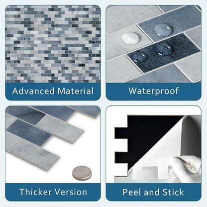10-Sheet Subway Peel and Stick Backsplash Tile, 11.3" x 10.8" Blue Stone Composite Cement Looks Self Adhesive Waterproof Wall Tile, Stick on Tiles for Kitchen Bathroom Shower Fireplace