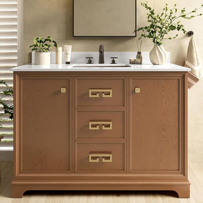 48 Inch Bathroom Vanity with Sink, Light Walnut | Fully Assembled Bathroom Cabinet, Marble Countertop & Backsplash, Soft Closing 2 Doors & 3 Drawers, Adjustable Shelves