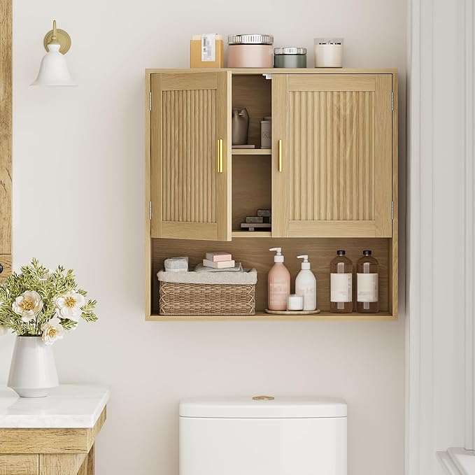 Fluted Bathroom Cabinet, Bathroom Wall Cabinet with Adjustable Shelves, Wooden Wall Storage Cabinet for Bathroom, Kitchen, Living Room, Bedroom