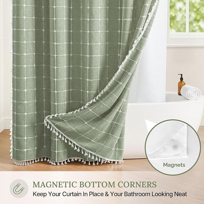 RiverDream Farmhouse No Hooks Shower Curtain with Snap-in Liner,Green,71x74 | Snap on Fabric Liner,Heavy Duty,Quick Dry,With Bottom Magnets,Washable,with Tassels, Rustic Boho Farmhouse,Standard Size