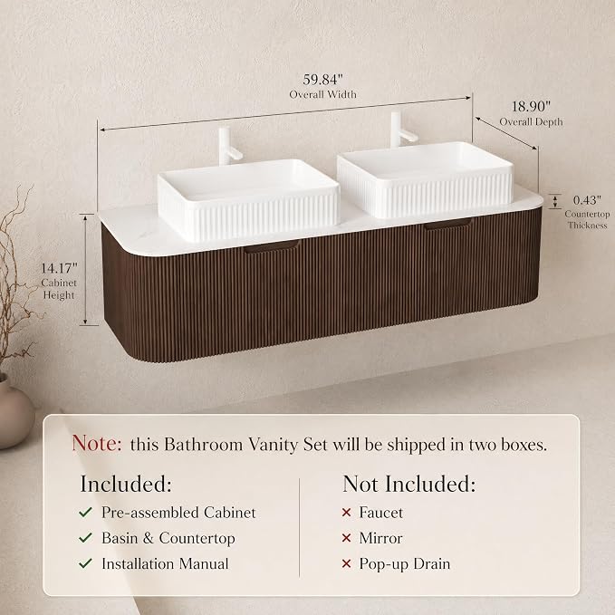 60 Inch Double Sink Bathroom Vanity, Floating Wall Mounted Cabinet, Dark Walnut Curved Fluted Front, Stone Top, Dual White Textured Rectangular Vessel Basins, Pre-Assembled