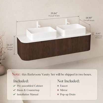 60 Inch Double Sink Bathroom Vanity, Floating Wall Mounted Cabinet, Dark Walnut Curved Fluted Front, Stone Top, Dual White Textured Rectangular Vessel Basins, Pre-Assembled