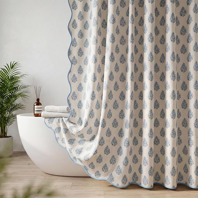 Boomkin Block Print Scalloped Shower Curtain Set with 12 Hooks | Grandmillennial Shower Curtain Linen Textured Cottage Core Floral Bathroom Curtain for Vintage Farmhouse Bathroom 72 x 72 Inc