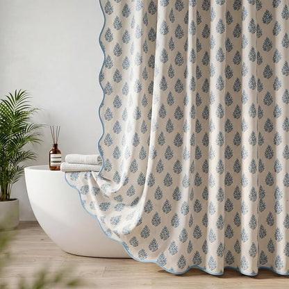 Boomkin Block Print Scalloped Shower Curtain Set with 12 Hooks | Grandmillennial Shower Curtain Linen Textured Cottage Core Floral Bathroom Curtain for Vintage Farmhouse Bathroom 72 x 72 Inc