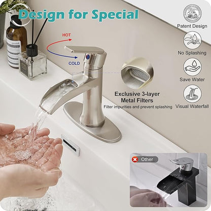Bathroom Waterfall Faucet Single Handle, Brushed Nickel Faucet Bathroom Brass 1 Hole or 4 Inch 3 Hole Bathroom Sink Faucet, Restroom Faucets for Sink with Drain & Deck Plate for Hotel Apartment