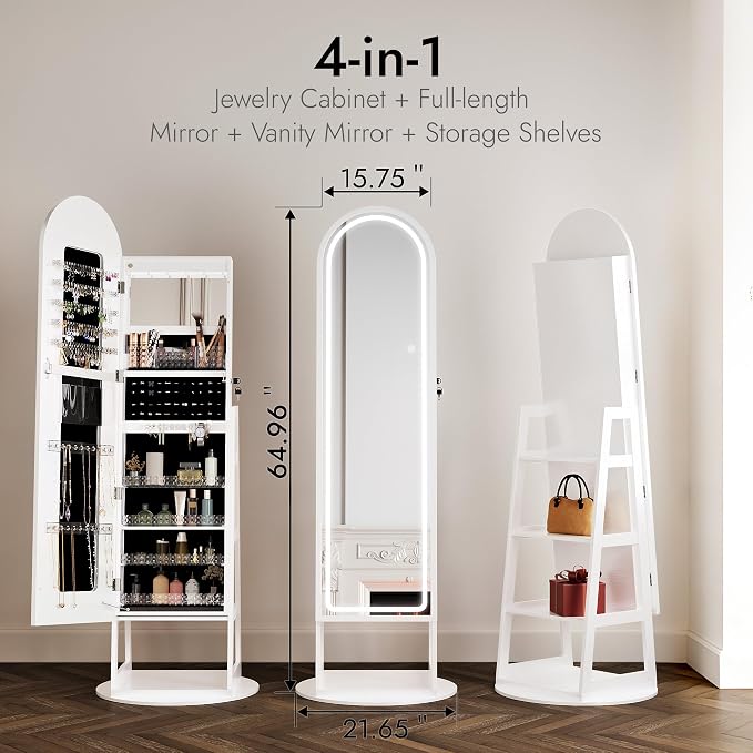 Zamilidon Full Length Mirror LED Lockable White Standing Jewelry Armoire | Secure lock design, multi-layer jewelry compartment, soft dimmable lighting, space-saving floor layout