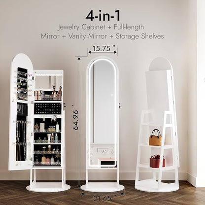 Zamilidon Full Length Mirror LED Lockable White Standing Jewelry Armoire | Secure lock design, multi-layer jewelry compartment, soft dimmable lighting, space-saving floor layout