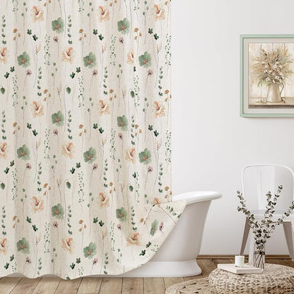 Sage Green Linen Watercolor Floral Fabric Shower Curtain, 72x78 | Linen Fabric, Modern Minimalist Floral Print, Machine Washable, Rustproof Grommets, for Bathroom Home