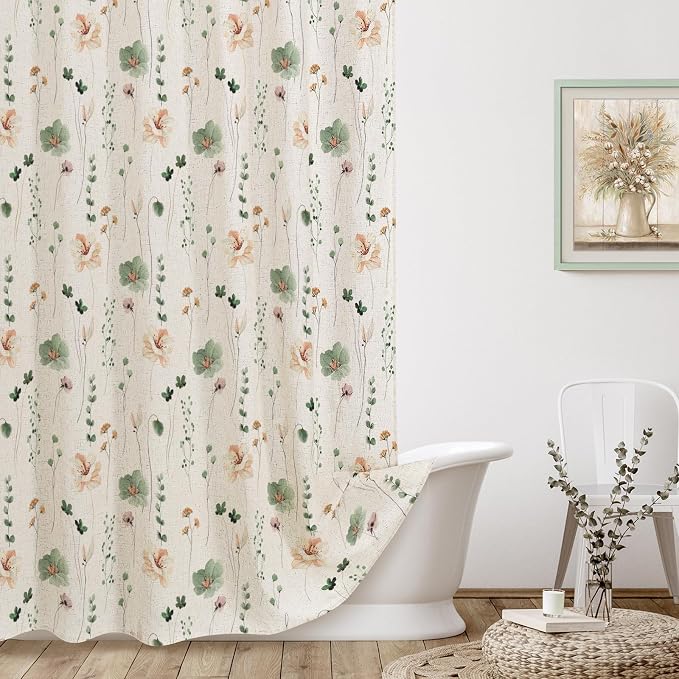 Sage Green Linen Watercolor Floral Fabric Shower Curtain, 36x72 | Linen Fabric, Modern Minimalist Floral Print, Machine Washable, Rustproof Grommets, for Bathroom Home