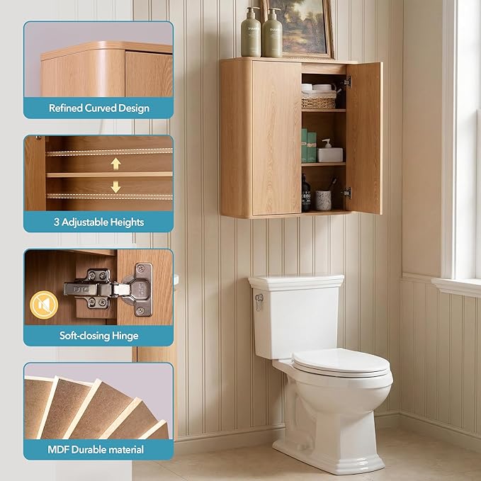 Wall Mounted Bathroom Cabinet, Premium Medicine Cabinet with Safe Rounded Edges, 2-Door Wood Storage Organizer with Adjustable Shelves for Laundry, Kitchen