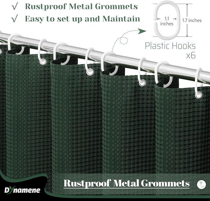 Stall Waffle Shower Curtain 256 GSM Heavy Fabric 36x72 Dark Green | Narrow Half Size, Thick Cloth, Weighted Hem, Water Repellent, Hotel Luxury Polyester Shower Curtain Set for Bathroom 6 Hooks