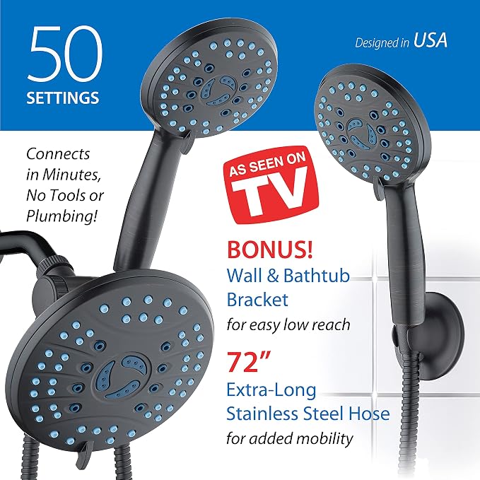 AquaCare 50-mode High Pressure 7 inch Shower Head Combo w/Dual Power Wash | Hygienic Jets, 2-mode Handheld Power Wash for Tub, Tile & Pets, Long 6 ft. Stainless Steel Hose, Extra Wall Bracket / Bronze
