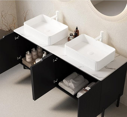Ambrovina 60" Bathroom Vanity with Double Sink, Freestanding Bathroom Storage Cabinet with 4 Soft-Closing Doors, 2 White Round Ceramic Basins and Carrara White Sintered Stone Countertop, White