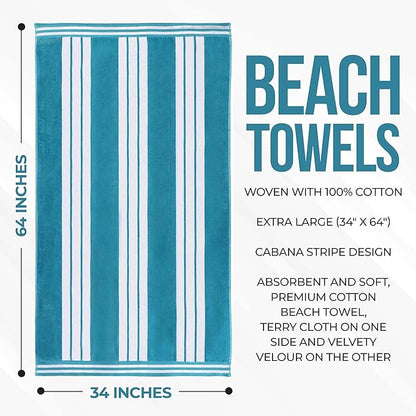 Superior Oversized Cotton Beach Towel Set of 6, Absorbent Towels for Bathroom, Beach, Pool, Swim, Adults, Kids, Vacation, Travel, Bath, Quick Dry Basics, Trip Essentials, Striped Decor, Turquoise