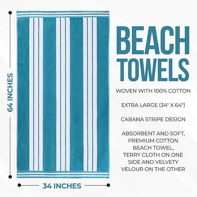 Superior Cotton Cabana Striped Beach Towels, Colorful Towels for Adult, Kid, Pool, Swimming, Sand, Travel, Large Oversized, Absorbent, Fast Drying, Bath Basics, Cabana Collection, 1 Piece, Turquoise