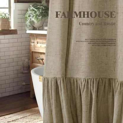 Farmhouse Shower Curtain Ruffle Linen Flax Khaki 72" W x 72" L | Linen Fabric, Farmhouse Boho, Bottom Ruffle, Rustic, Country, Natural Look, Washable, Shower Curtain for Bathroom Bathtub