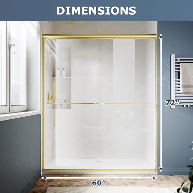 SUNNY SHOWER Double Sliding Glass Door 60" W x 72" H Shower Door 1/4" Tempered Glass Sliding Door Semi-Frameless Shower Glass Enclosure Bypass Walk in Shower Cabin, Brushed Gold