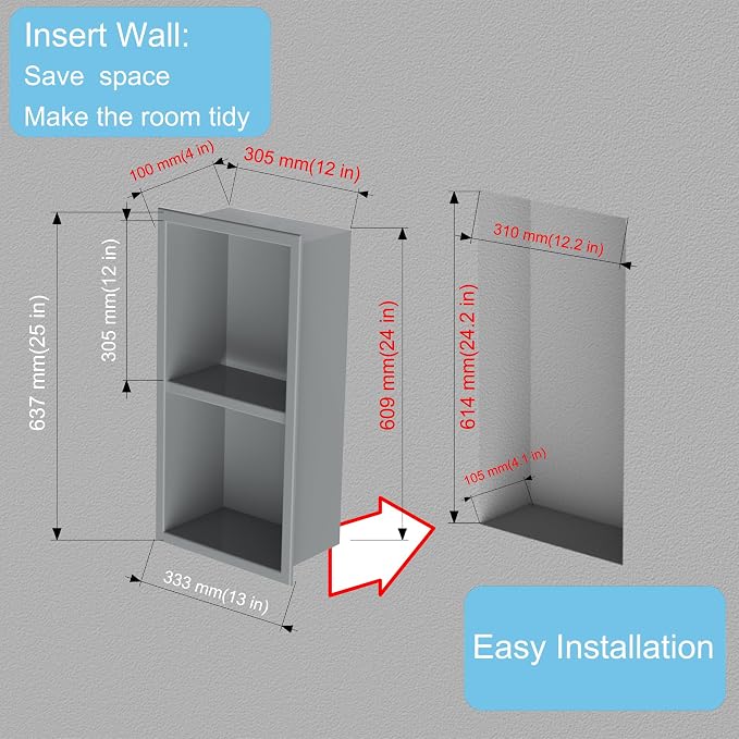No Tile Ready Gunmetal Shower Niche,Stainless Steel Shower wall Niche Inserts(Gery, 24 * 12 in)