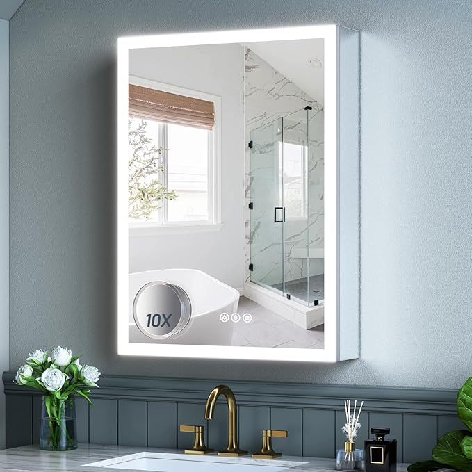 24x32 Inch Medicine Cabinet with Lights, AL Alloy Frame, Plug-in or Hardwired, Recessed or Wall Mount, Mirror Doors/3 Colors/Dimmable/Interior Sensor Light/Defog,2 Outlets &USBs,3 Shelves