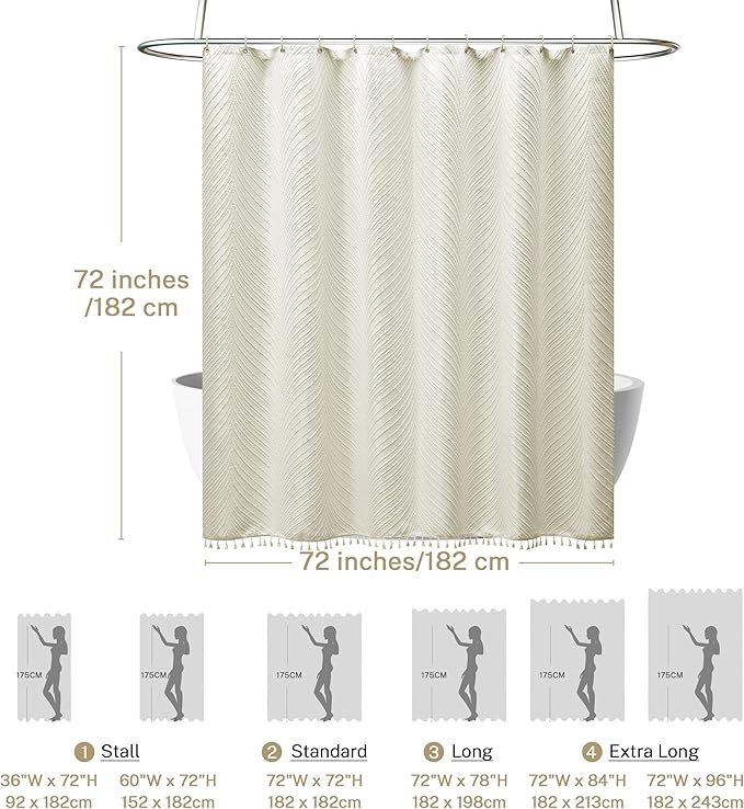 Beige Boho Woven Fabric Shower Curtain, 72 x 72 Tufted Leaves Textured Striped Modern Farmhouse Minimalist Cloth Curtain for Bathroom