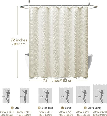 Beige Boho Woven Fabric Shower Curtain, 72 x 72 Tufted Leaves Textured Striped Modern Farmhouse Minimalist Cloth Curtain for Bathroom