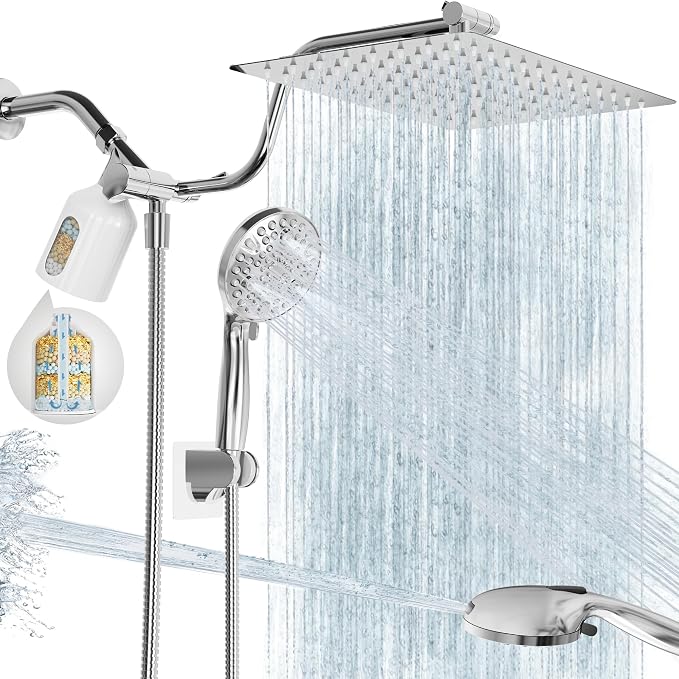 Filtered Shower Head with Handheld, 11.8" Rain Shower Head, High Pressure | 10-Function Spray Options, Adjustable Extension Arm, Secure Adhesive Holder, Easy Installation, Stainless Steel-Chrome Finish