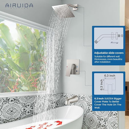 Airuida 6 Inch Shower Faucet Set,Bathtub Faucet Kit,Brushed Nickel | Shower Tub Faucet Set,Male Threads Rough-In Valve,Square Head Shower System