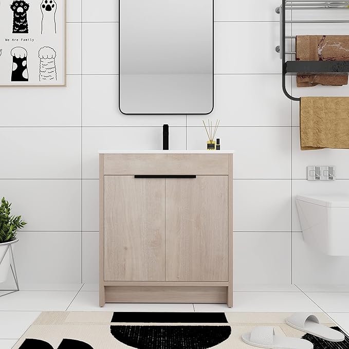 30'' Freestanding Bathroom Vanity, 30 Inch Floor Stand Bathroom Vanity with Sink, Single Ceramic Sink Cabinet Set, Modern Storage Cabinet, with Soft Closing Door, 02430PLO+BL9075B