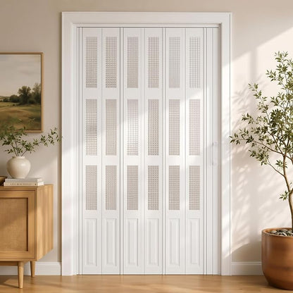 SMARTSTANDARD 48"x 80" Accordion Door with Grid Frosted Acrylic Glass,White | Double Walled PVC Folding Accordion Closet Door for Bedroom Bathroom, Save Space, Full-Side Magnetic Strip, Easy to Install