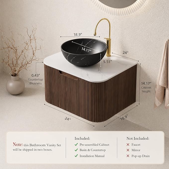 24 Inch Bathroom Vanity with Sink, Floating Wall Mounted Single Sink Vanity for Small Baths, Dark Walnut Curved Fluted Front, Stone Top, Black Marble Vessel Basin, Pre-Assembled