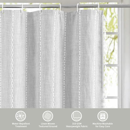Farmhouse Tassel Linen Shower Curtain,3D Embroidery Stripe Light Grey,72x84 | Extra Long,310GSM Boho Texture Heavy Duty Cloth,Water Repellent,Wrinkle Resistant,Vintage Farmhouse Rustic,12 Plastic Hooks