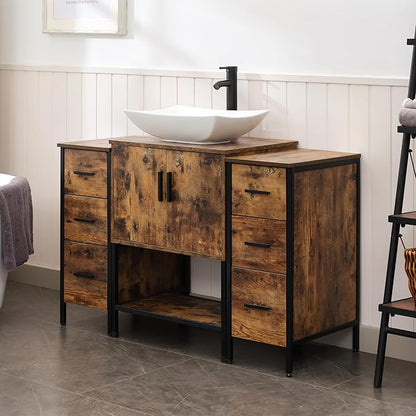 UEV 48" Rustic Brown Bathroom Vanity with Sink Combo,Industrial Iron Frame Bathroom Cabinet Sets with Double 3 Drawers Side Cabinet,Modern Artistic Ceramic Vessel Sink(032WH)