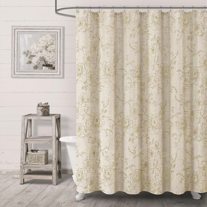 Farmhouse Floral Linen Shower Curtain, Vintage Beige Embroidered Pattern Rustic Shower Curtains for Bathroom, Tan Taupe,72x72