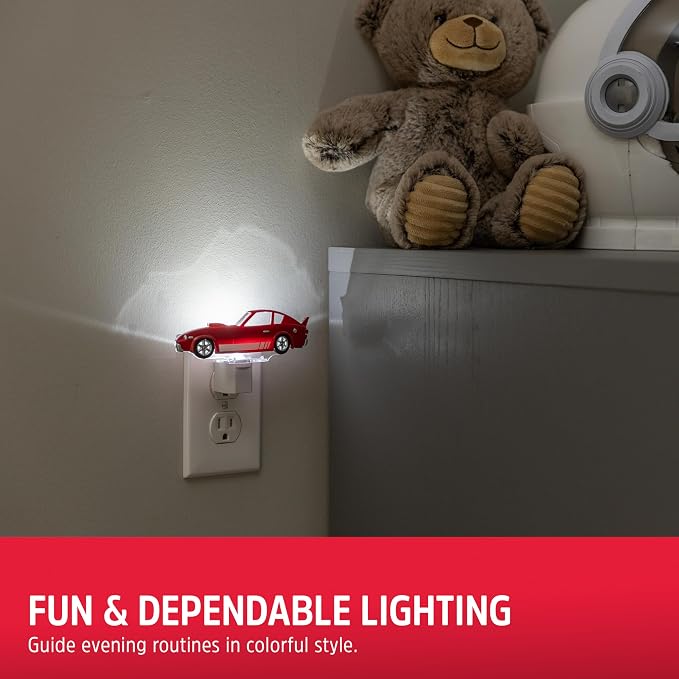 Energizer Race Car Night Light, Light Sensing, LED, Soft White, 3000K, Red, Nightlight for Bedroom, Bathroom, Nursery, Hallway, Kitchen, 1pk, 82404 | Light Sensing, LED, Soft White, 3000K, Red, Nightlight for Bedroom, Bathroom, Nursery, Hallway, Kitche...