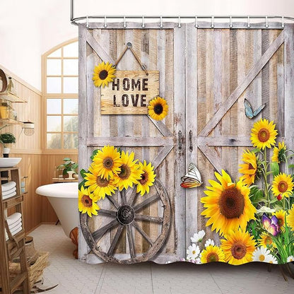 Rustic Spring Summer Sunflowers Butterfly Shower Curtain for Bathroom, Wooden Board Western Barn Door Farmhouse Bath Curtain, Fabric Vintage Daisy Floral Botanical Decor Curtain with Hooks 60X70IN