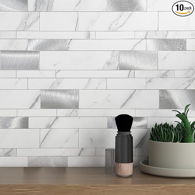 VAOVI Peel and Stick Tile Stone Backsplash for Kitchen Wall(10pcs,White S)