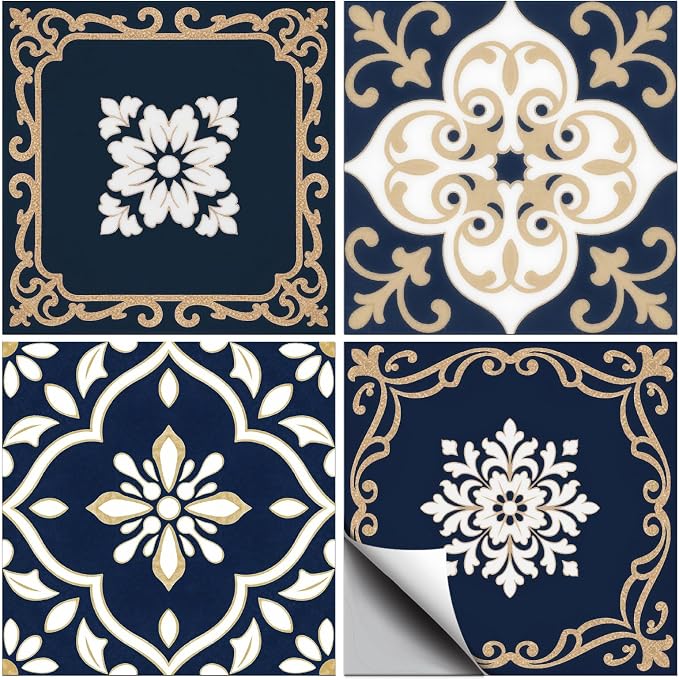 36 Pcs 4 Styles Retro Mosaic Patten Tile Sticker Blue Patten Wall Tile Stickers Waterproof Self Adhesive Stick on Decals for Kitchen Bathroom Wall Art 4×4 Inch