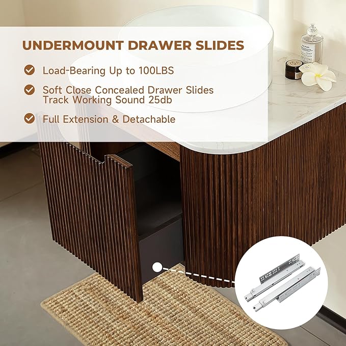 LKTART 30 Inch Floating Bathroom Vanity with Sink, Modern Wall Mounted Bathroom Storage Cabinet with Drawer, Round White Ceramic Sink Top and Marble Texture Top,Walnut