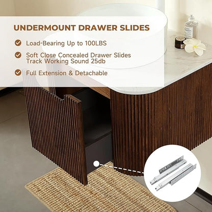 LKTART 30 Inch Floating Bathroom Vanity with Sink, Modern Wall Mounted Bathroom Storage Cabinet with Drawer, Round White Ceramic Sink Top and Marble Texture Top,Walnut