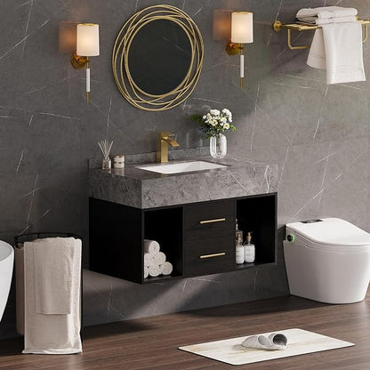 KunMai 35.4" Black Floating Bathroom Vanity with Sink – Modern Wall Mounted Bathroom Cabinet with Sintered Stone Countertop, Soft-Close Drawers, Space-Saving Vanity for Small Bathrooms
